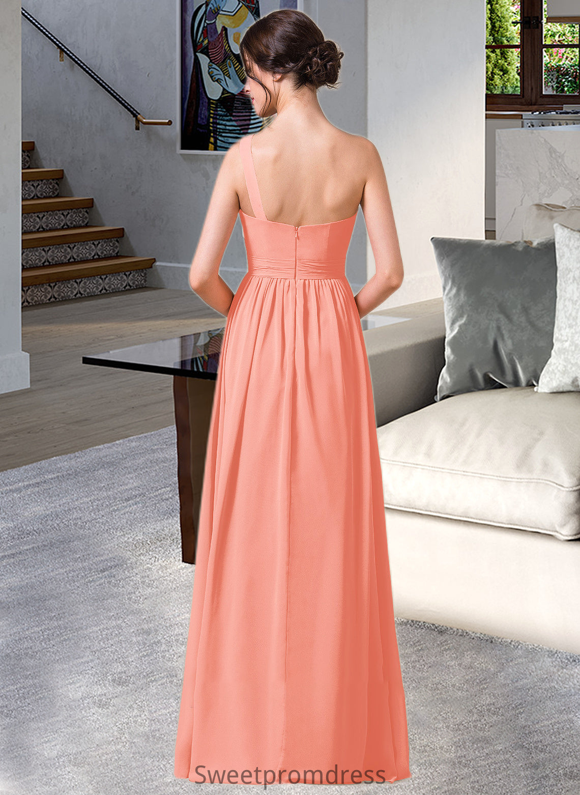 Dalia A-Line One-Shoulder Floor-length Chiffon Bridesmaid Dress DHP0013092