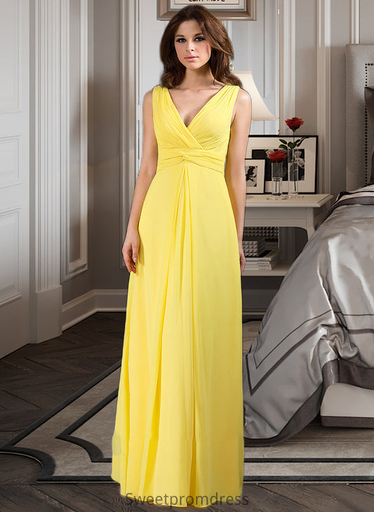 Norah A-Line V-neck Wrapped Bodice Floor-length Chiffon Bridesmaid Dress DHP0013093