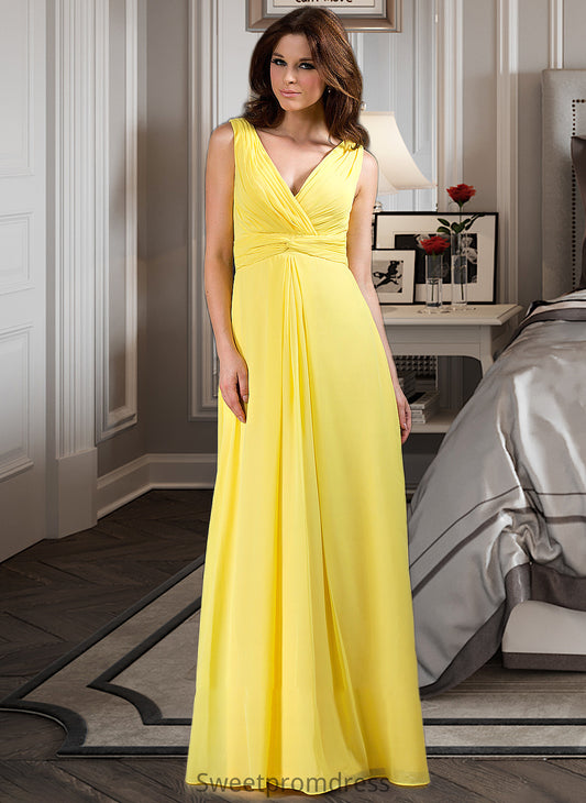 Norah A-Line V-neck Wrapped Bodice Floor-length Chiffon Bridesmaid Dress DHP0013093