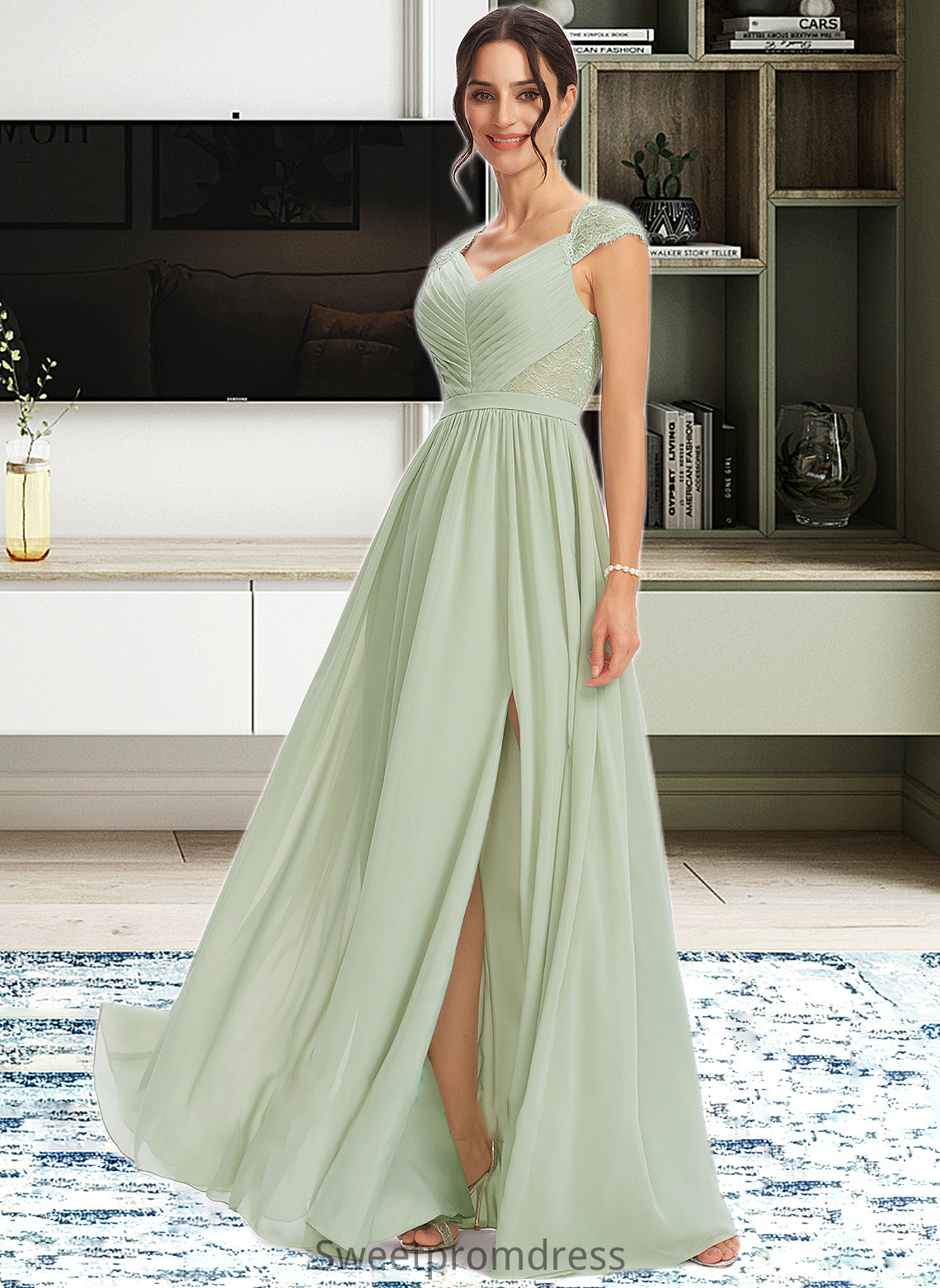 Tracy A-Line V-neck Floor-Length Bridesmaid Dress With Lace Split Front DHP0013096