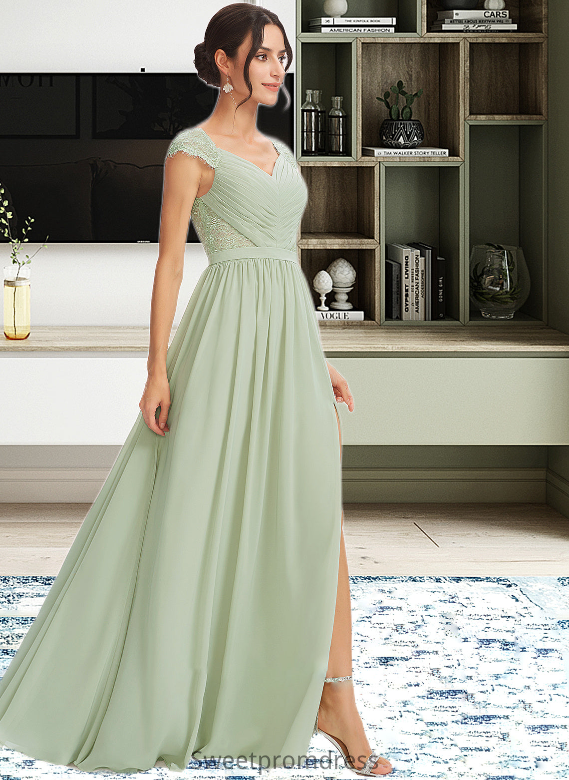 Tracy A-Line V-neck Floor-Length Bridesmaid Dress With Lace Split Front DHP0013096