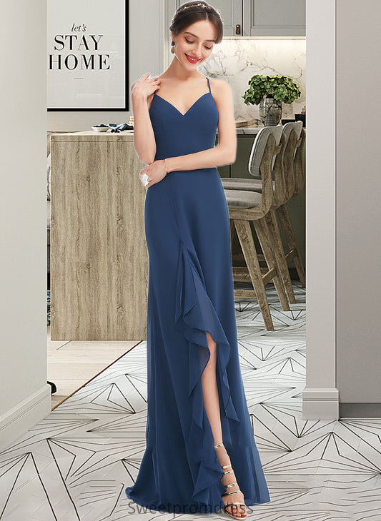 Eden A-Line V-neck Floor-Length Bridesmaid Dress With Ruffle Split Front DHP0013097