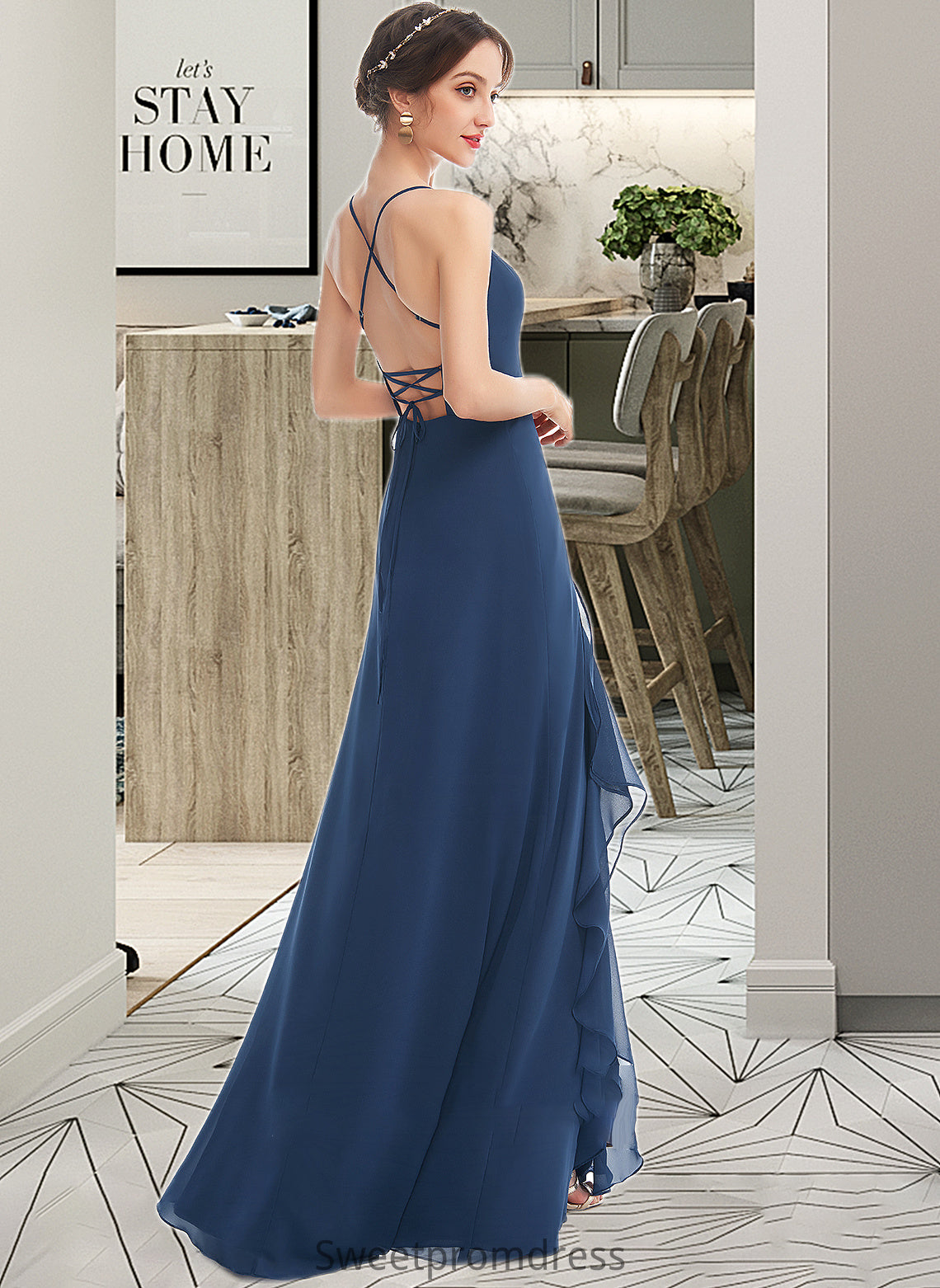 Eden A-Line V-neck Floor-Length Bridesmaid Dress With Ruffle Split Front DHP0013097