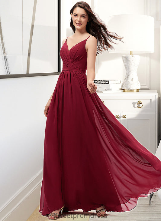 Emely A-Line V-neck Floor-Length Chiffon Bridesmaid Dress With Ruffle Lace DHP0013098