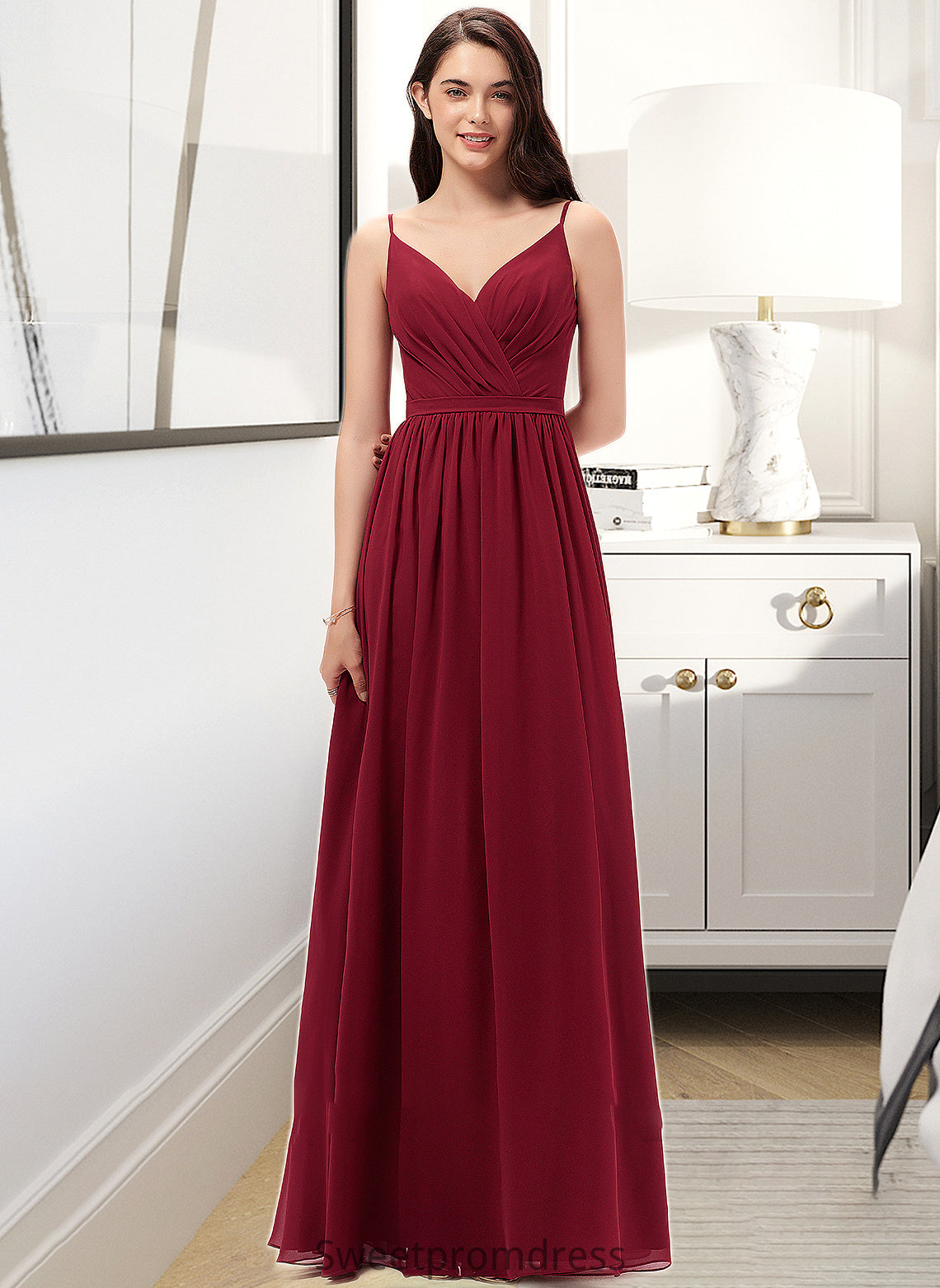 Emely A-Line V-neck Floor-Length Chiffon Bridesmaid Dress With Ruffle Lace DHP0013098