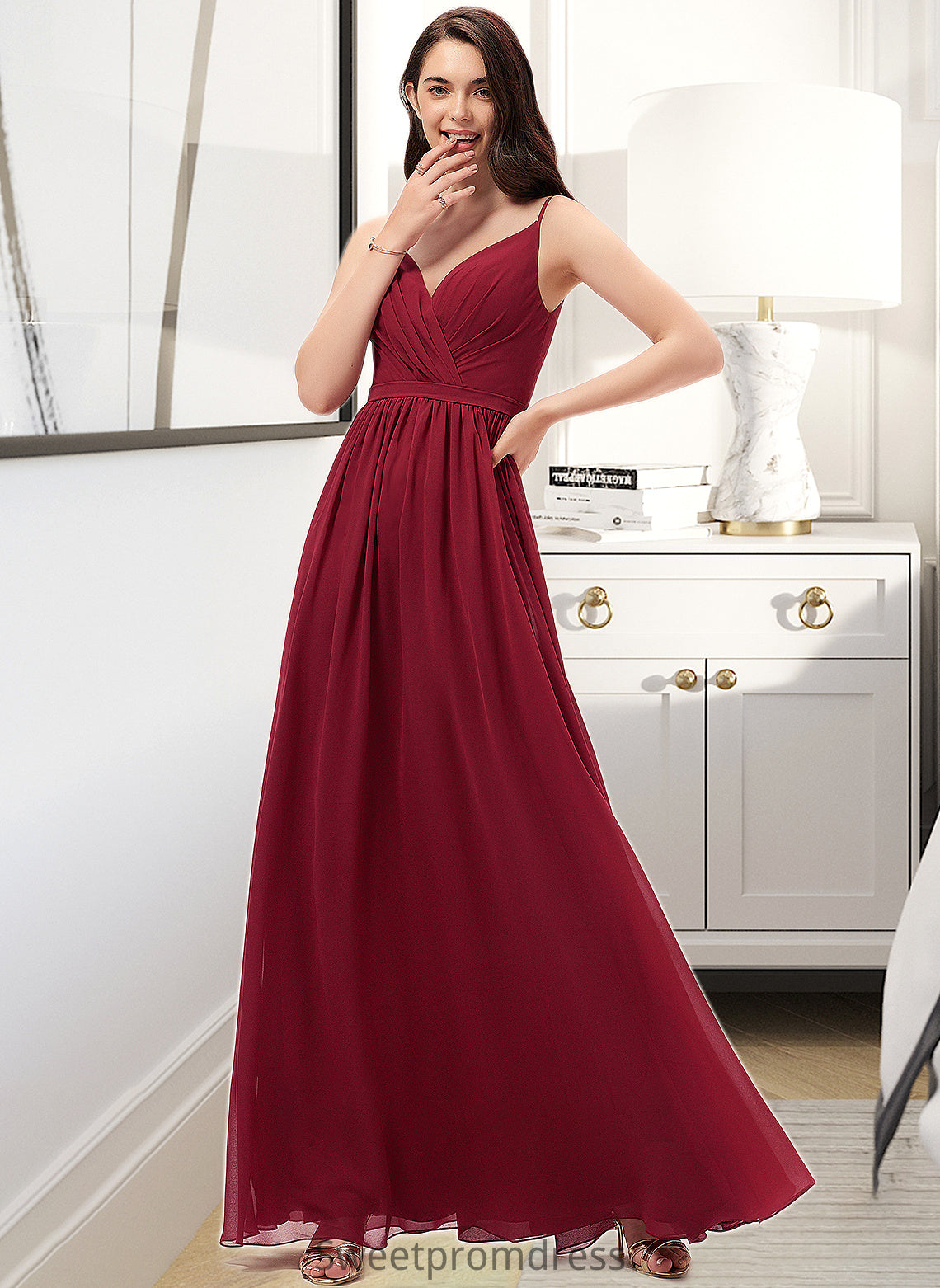 Emely A-Line V-neck Floor-Length Chiffon Bridesmaid Dress With Ruffle Lace DHP0013098