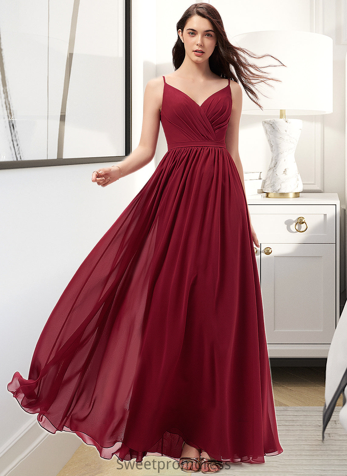 Emely A-Line V-neck Floor-Length Chiffon Bridesmaid Dress With Ruffle Lace DHP0013098