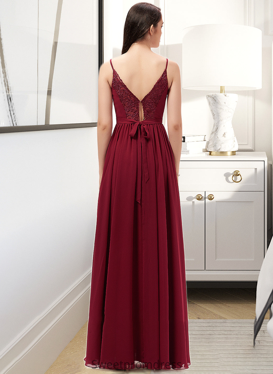 Emely A-Line V-neck Floor-Length Chiffon Bridesmaid Dress With Ruffle Lace DHP0013098