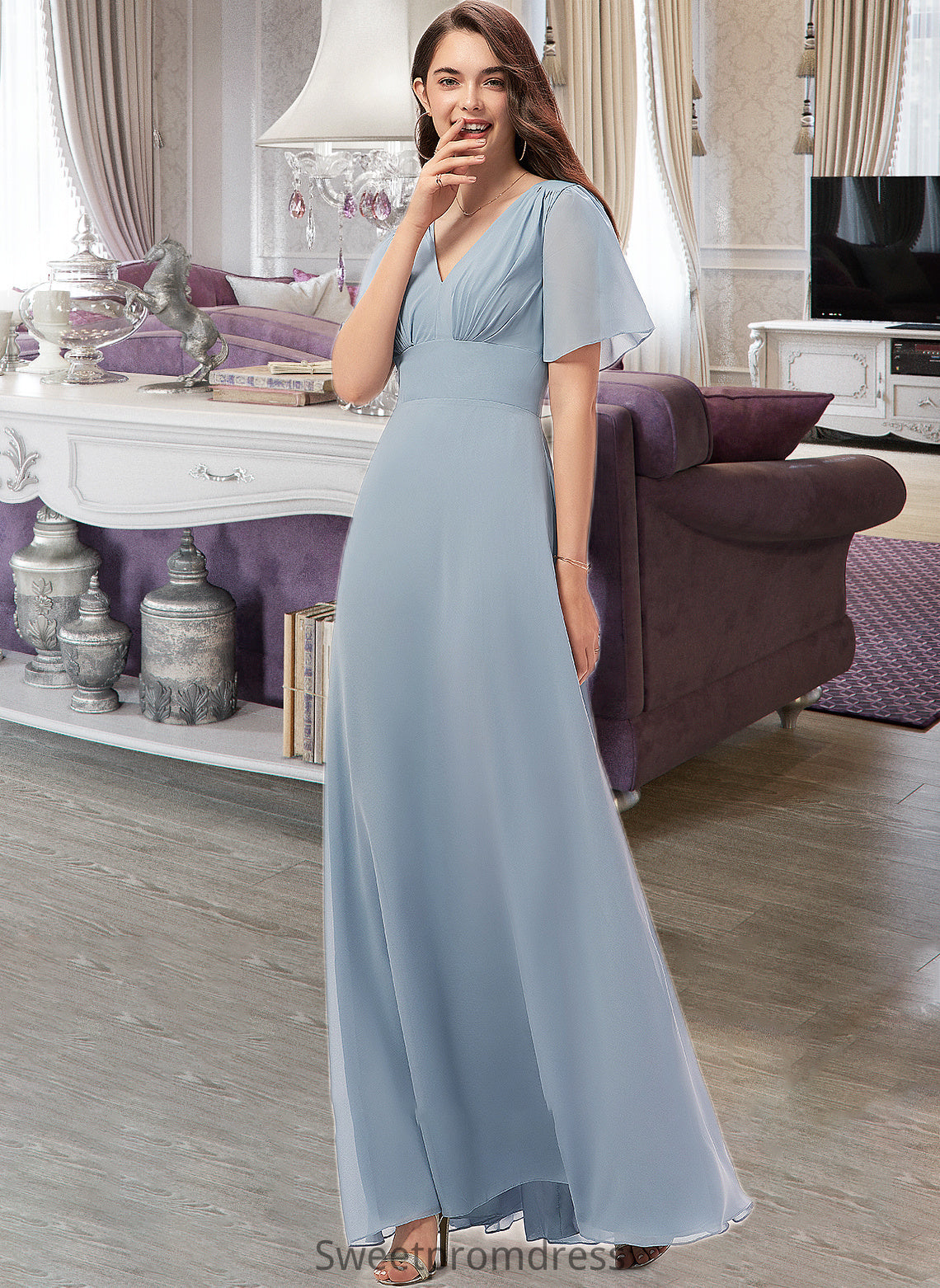 Alissa A-Line V-neck Floor-Length Chiffon Bridesmaid Dress DHP0013099