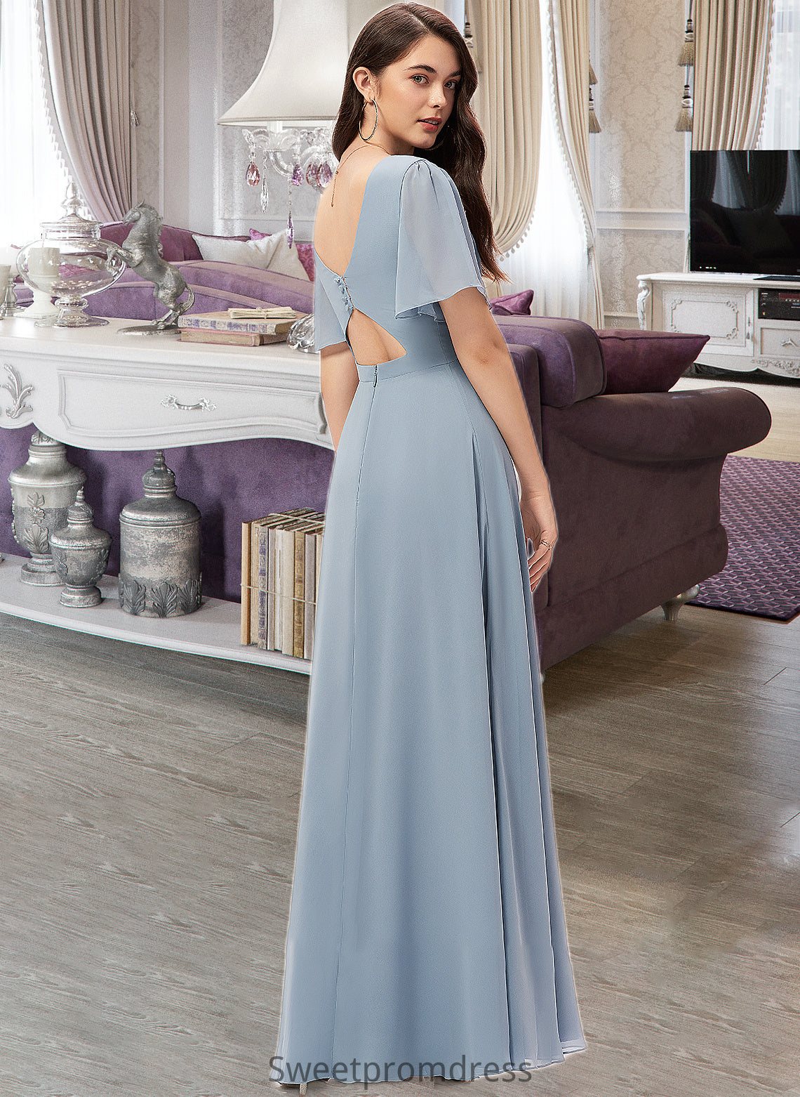 Alissa A-Line V-neck Floor-Length Chiffon Bridesmaid Dress DHP0013099