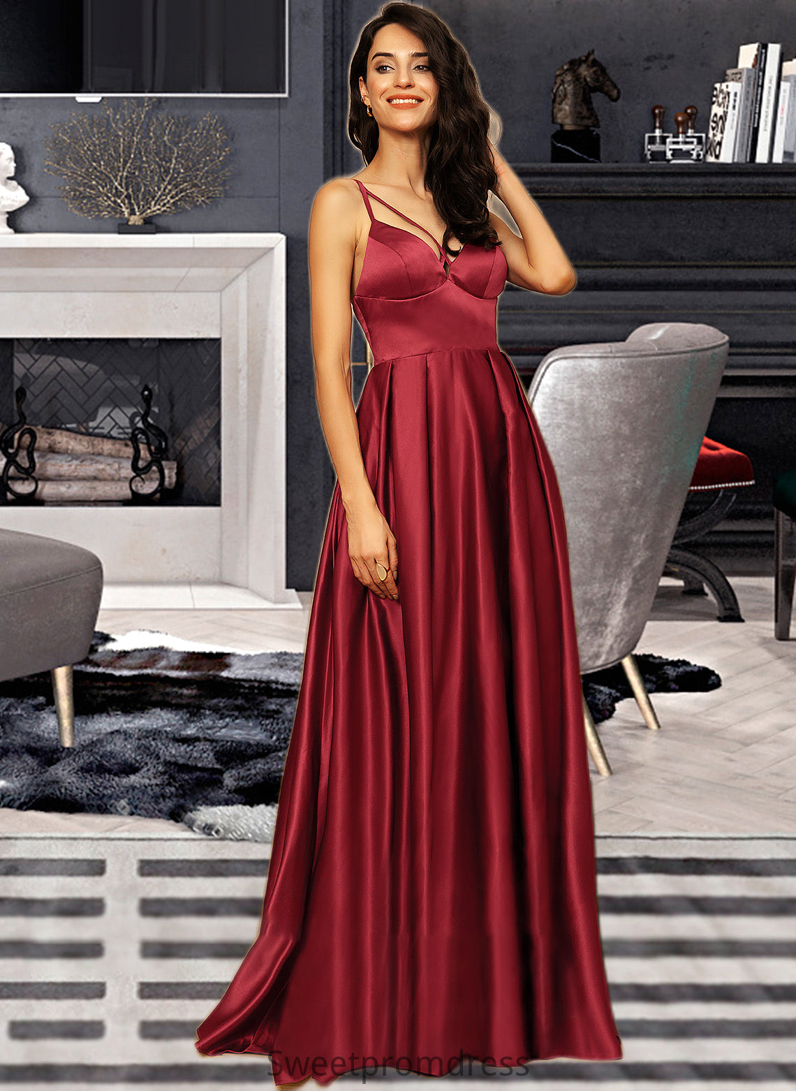 Elisabeth A-Line V-neck Floor-Length Satin Bridesmaid Dress With Split Front Pockets DHP0013100