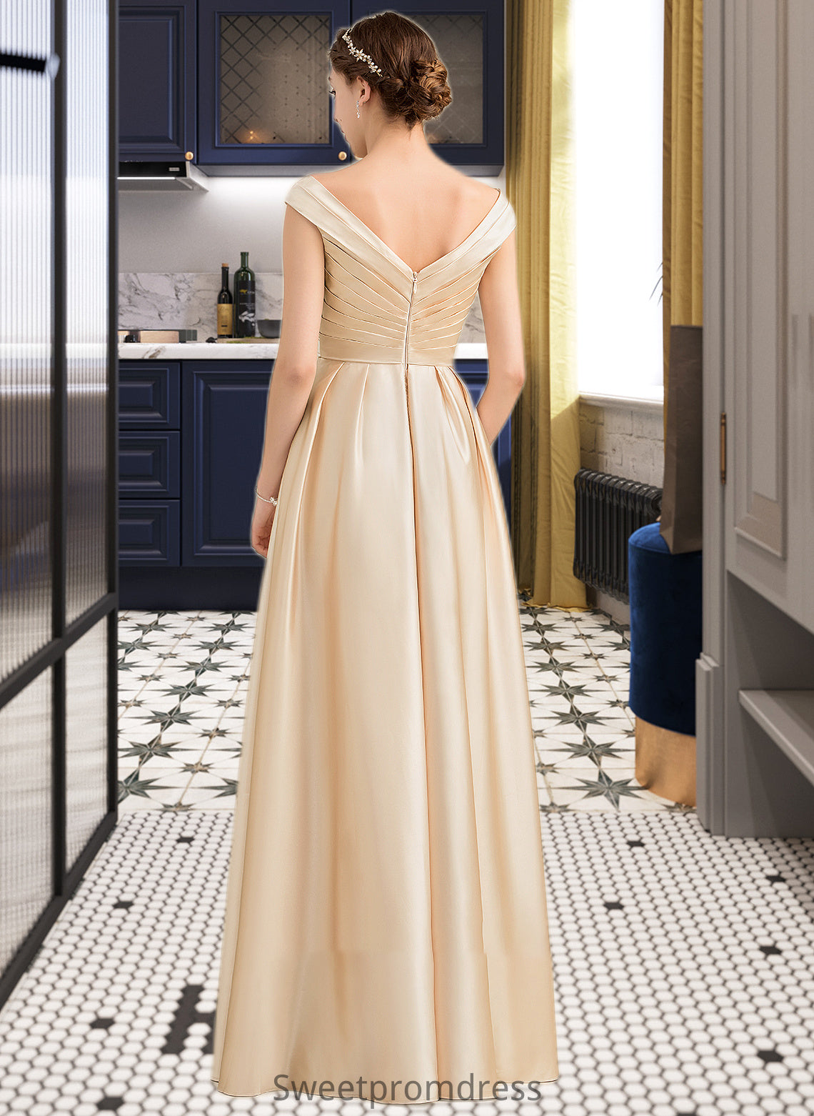 Liberty A-Line Off-the-Shoulder Floor-Length Satin Bridesmaid Dress With Ruffle Pockets DHP0013104