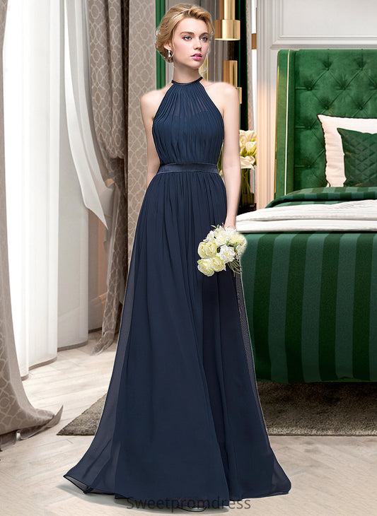 Rubi A-Line/Princess Scoop Neck Floor-Length Chiffon Bridesmaid Dress With Ruffle DHP0013105