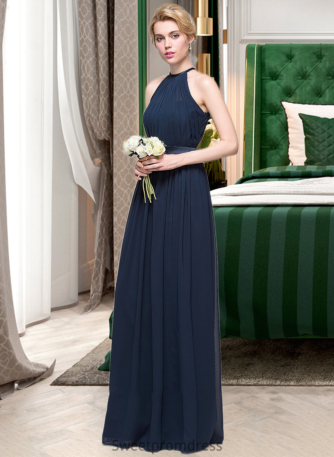 Rubi A-Line/Princess Scoop Neck Floor-Length Chiffon Bridesmaid Dress With Ruffle DHP0013105