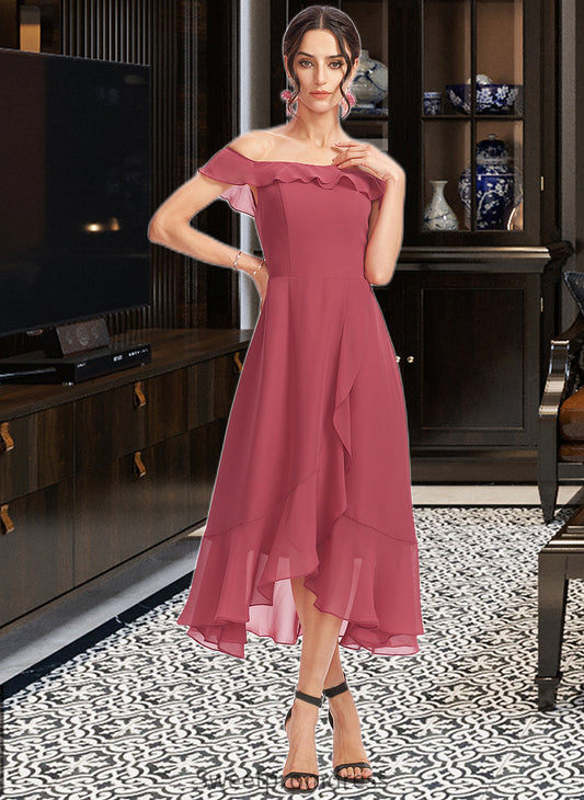 Katharine A-Line Off-the-Shoulder Tea-Length Bridesmaid Dress With Cascading Ruffles DHP0013110