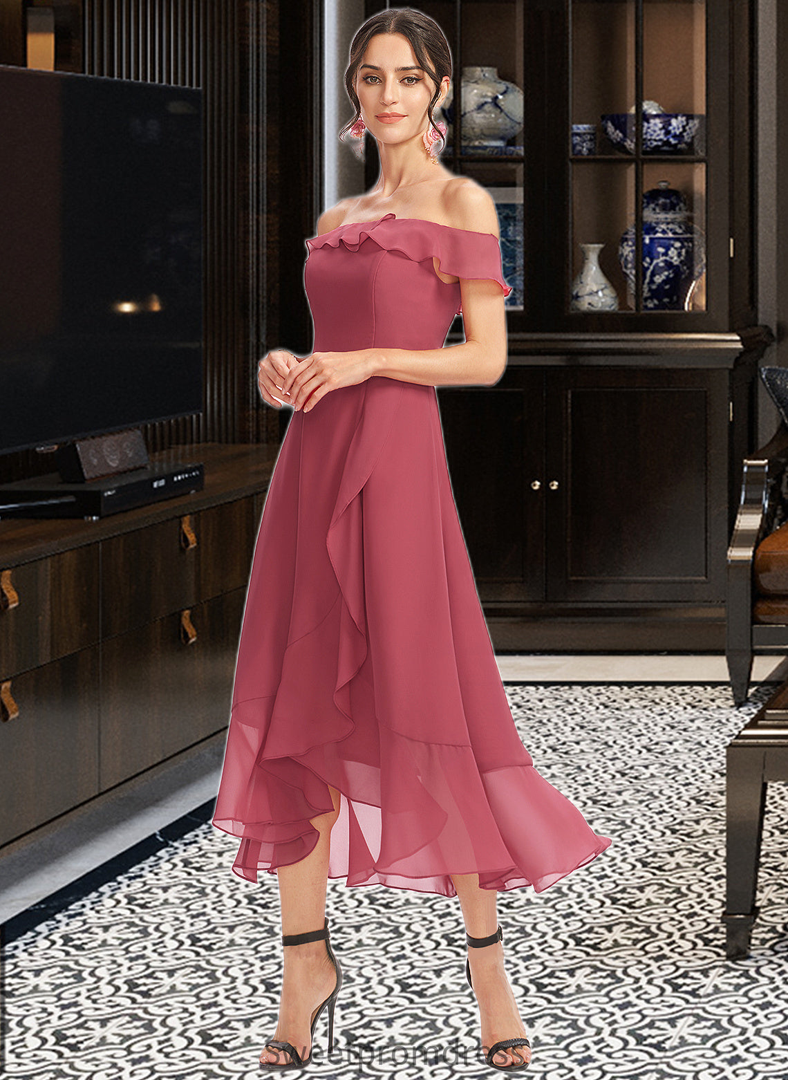 Katharine A-Line Off-the-Shoulder Tea-Length Bridesmaid Dress With Cascading Ruffles DHP0013110