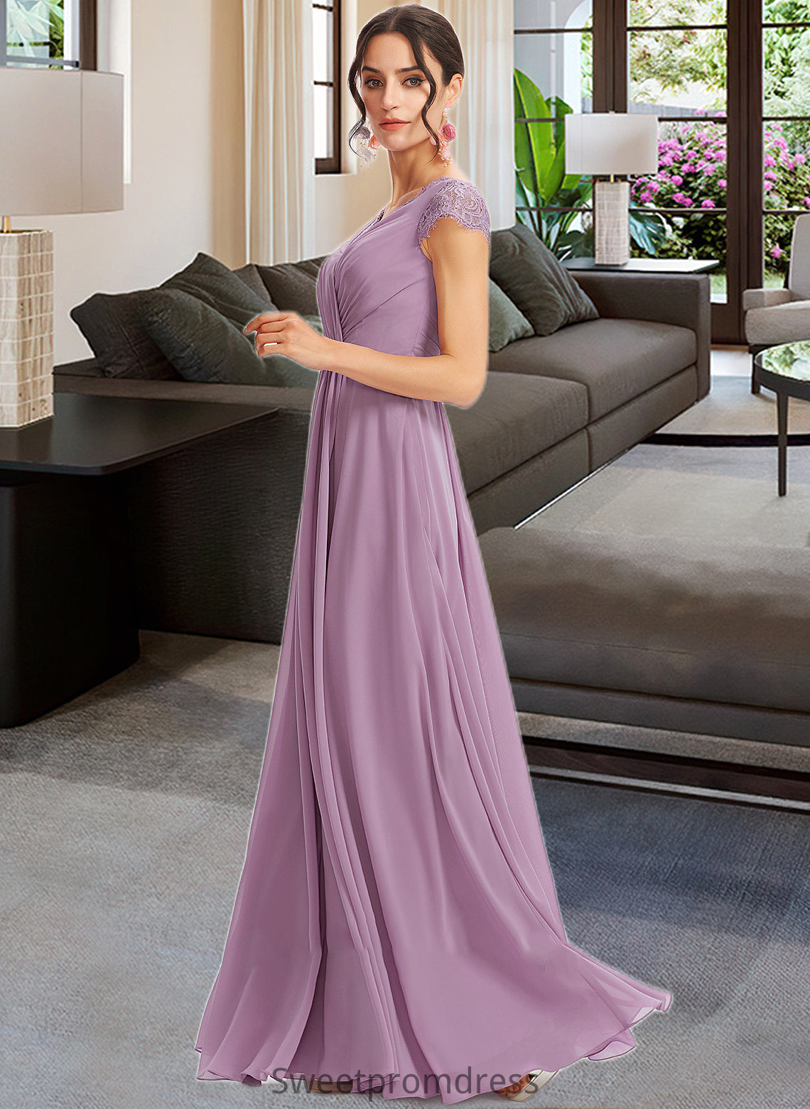 Kim A-Line V-neck Floor-Length Bridesmaid Dress With Lace DHP0013111