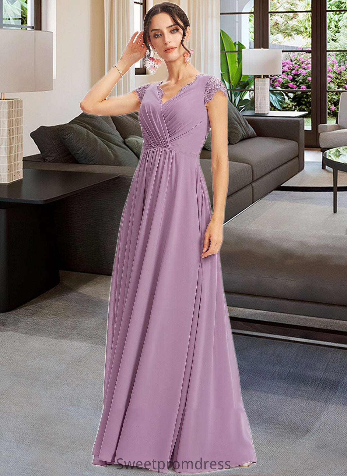 Kim A-Line V-neck Floor-Length Bridesmaid Dress With Lace DHP0013111