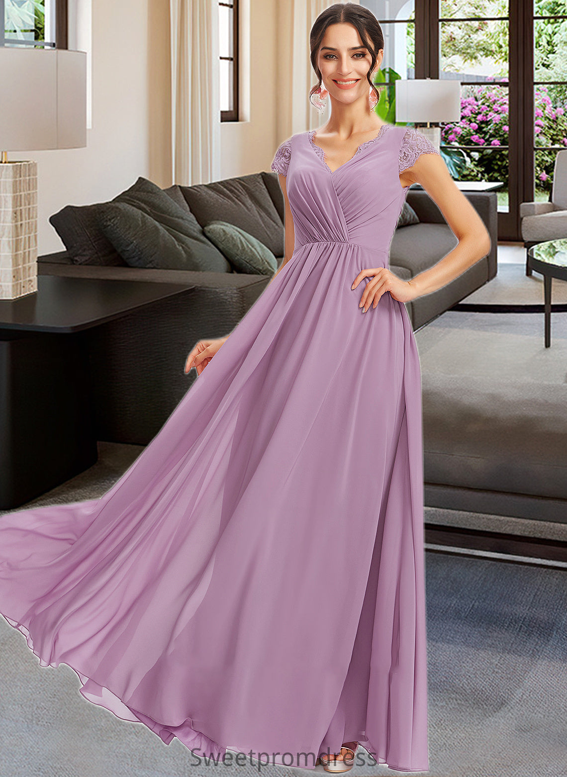 Kim A-Line V-neck Floor-Length Bridesmaid Dress With Lace DHP0013111