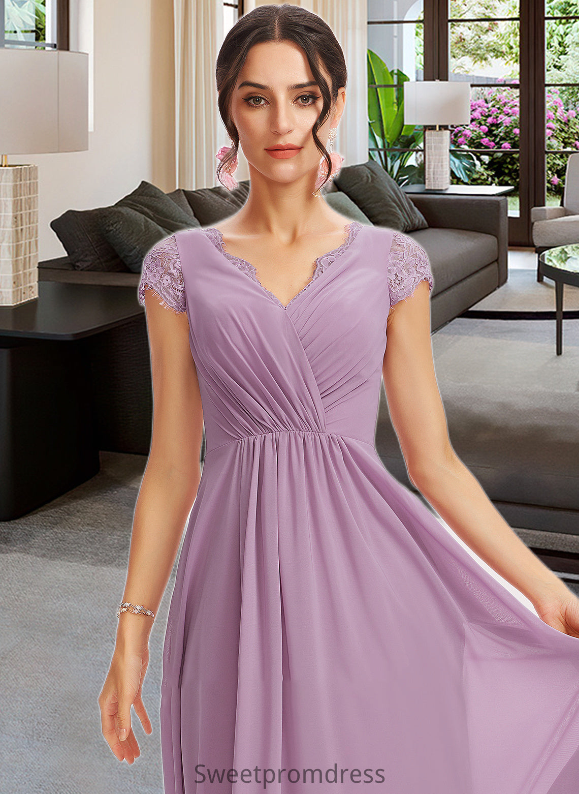 Kim A-Line V-neck Floor-Length Bridesmaid Dress With Lace DHP0013111