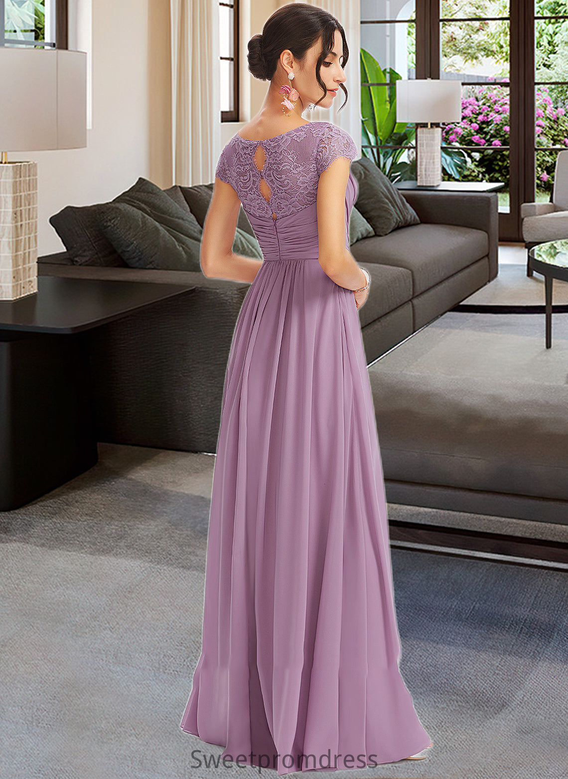 Kim A-Line V-neck Floor-Length Bridesmaid Dress With Lace DHP0013111