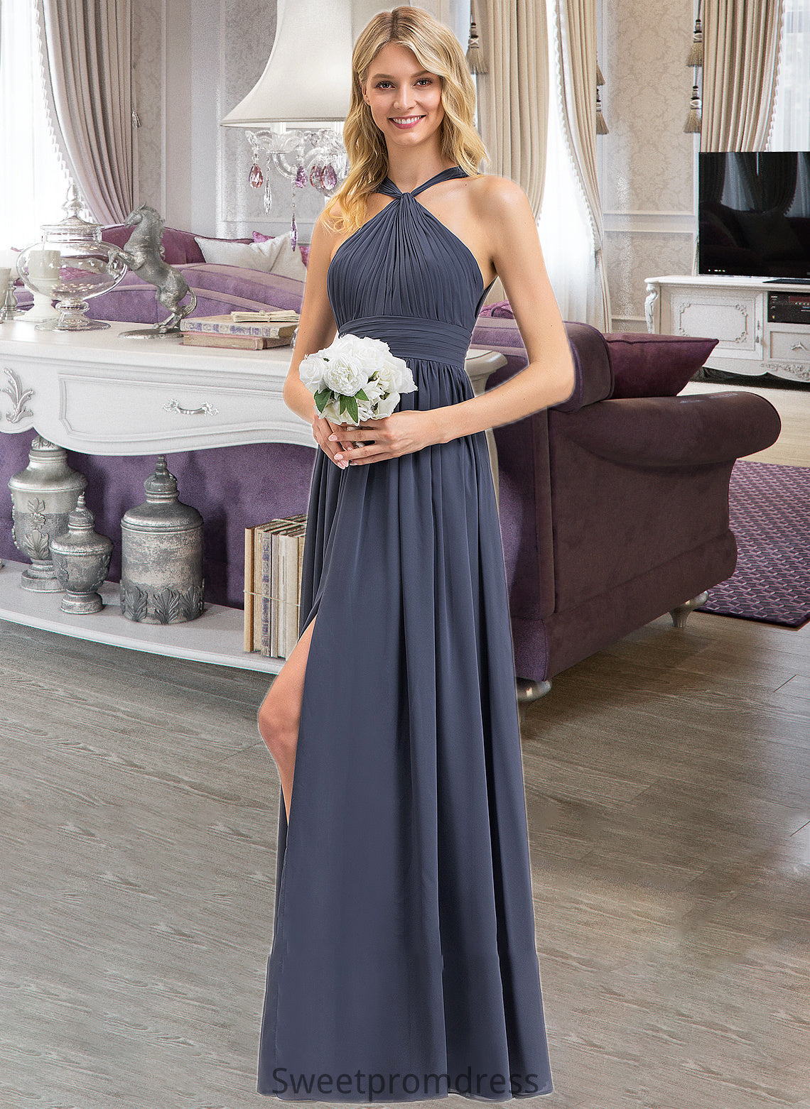 Amira A-Line V-neck Floor-Length Chiffon Bridesmaid Dress With Ruffle Split Front DHP0013112