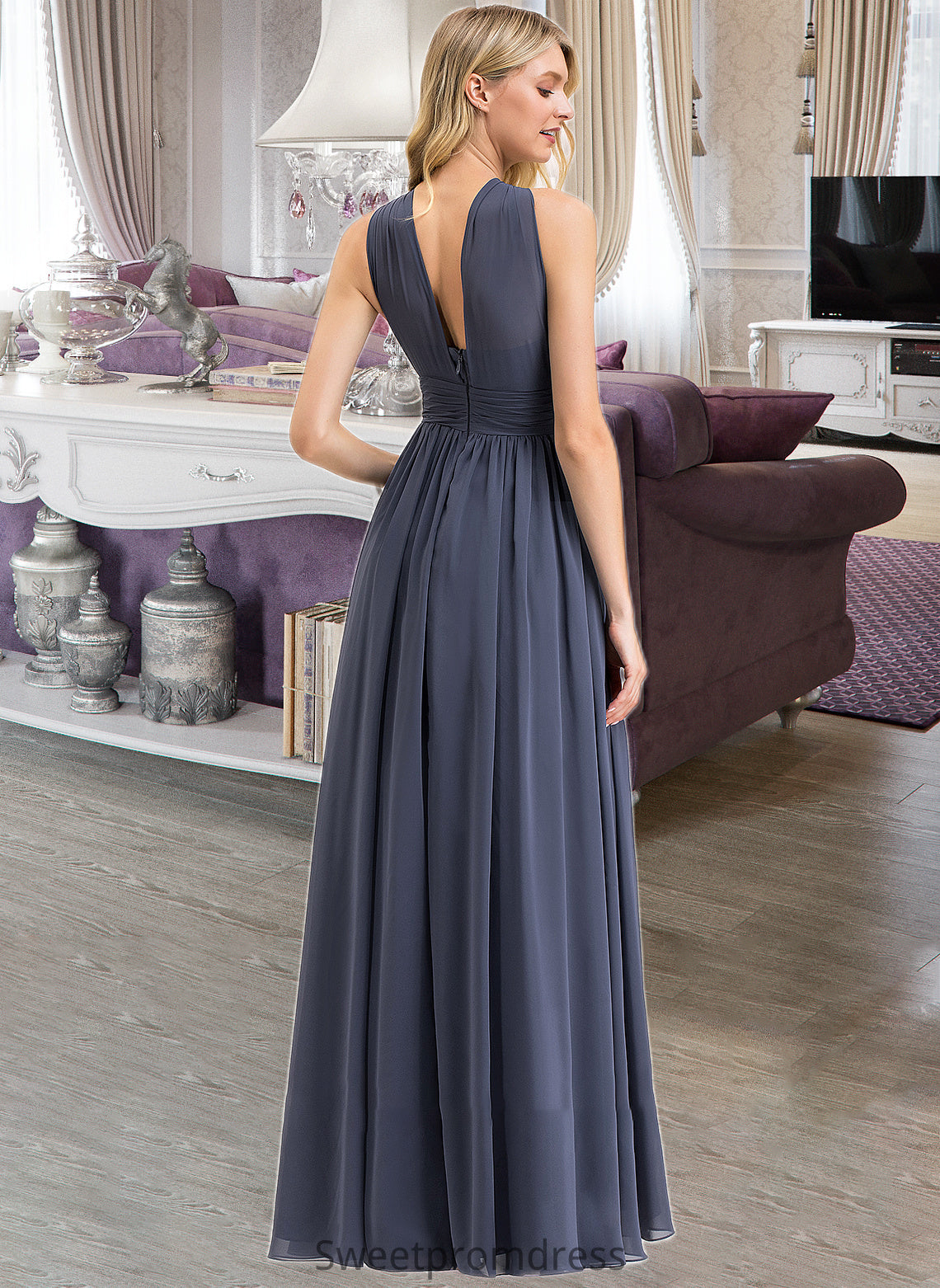 Amira A-Line V-neck Floor-Length Chiffon Bridesmaid Dress With Ruffle Split Front DHP0013112