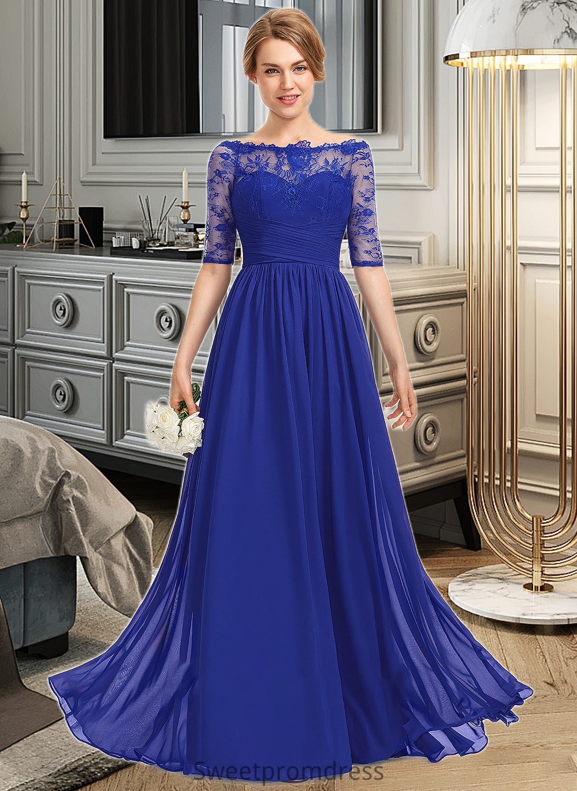 Audrey A-line Off the Shoulder Floor-Length Chiffon Lace Bridesmaid Dress With Ruffle DHP0013113