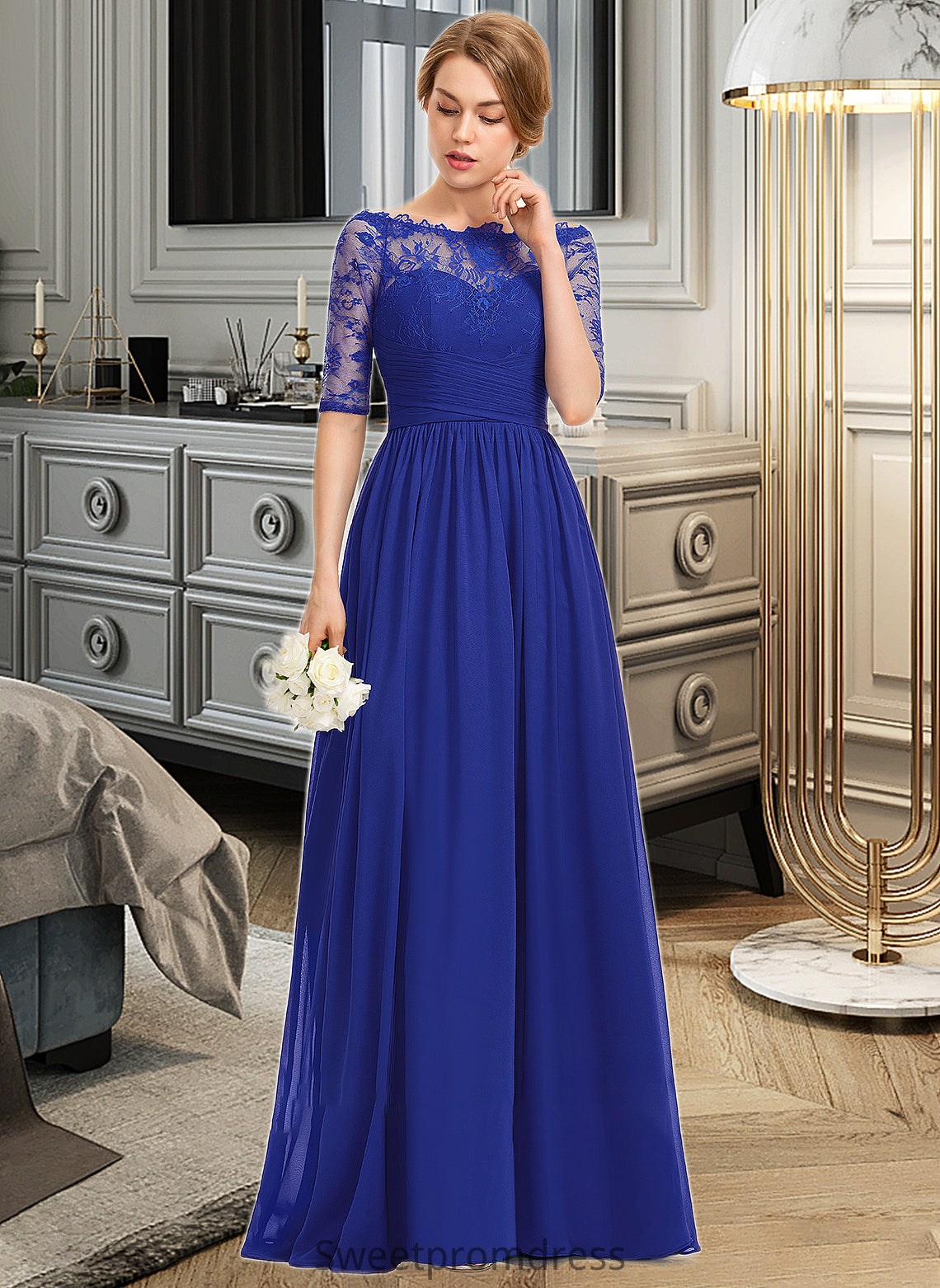 Audrey A-line Off the Shoulder Floor-Length Chiffon Lace Bridesmaid Dress With Ruffle DHP0013113