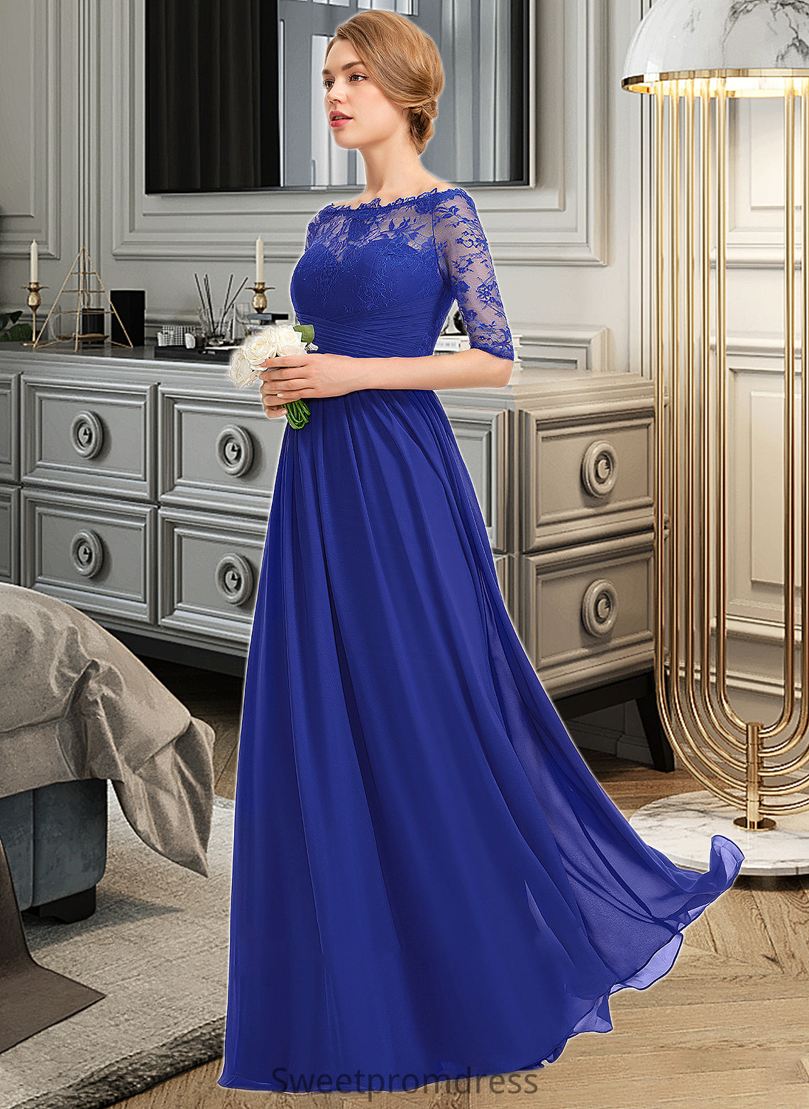 Audrey A-line Off the Shoulder Floor-Length Chiffon Lace Bridesmaid Dress With Ruffle DHP0013113