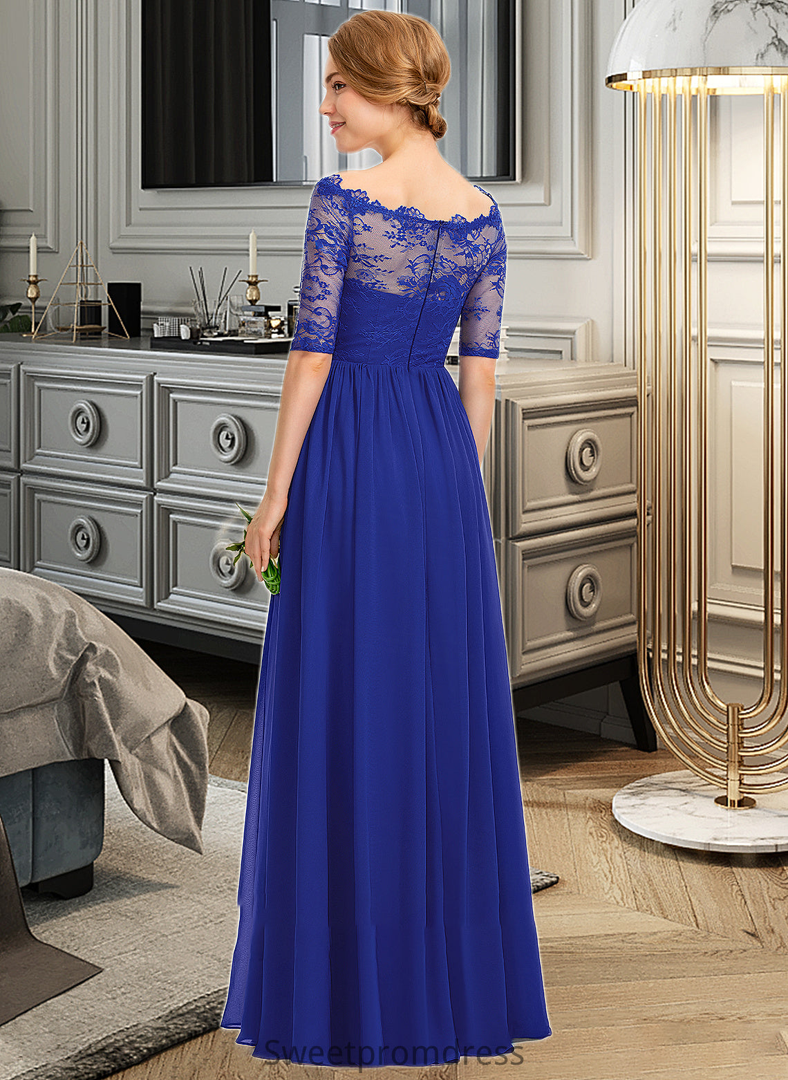 Audrey A-line Off the Shoulder Floor-Length Chiffon Lace Bridesmaid Dress With Ruffle DHP0013113