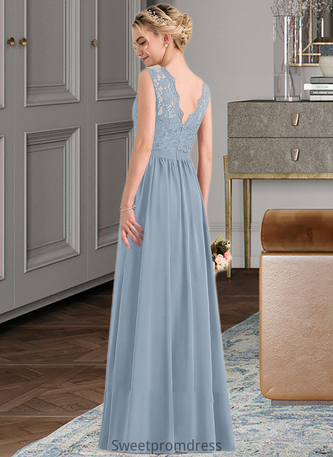 Anabella A-Line Scoop Neck Floor-Length Chiffon Lace Bridesmaid Dress With Split Front DHP0013114