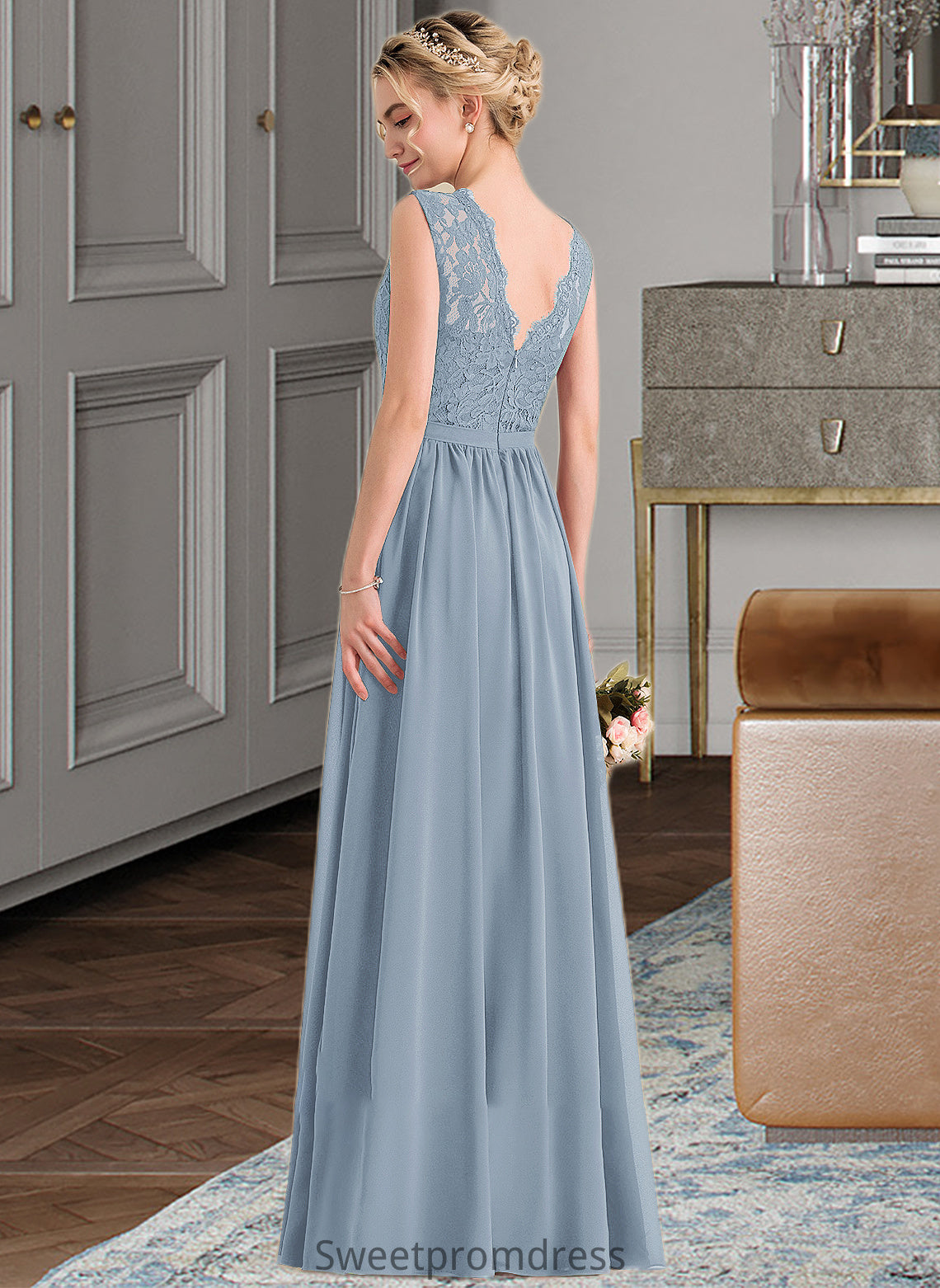 Anabella A-Line Scoop Neck Floor-Length Chiffon Lace Bridesmaid Dress With Split Front DHP0013114