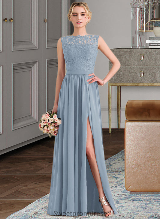 Anabella A-Line Scoop Neck Floor-Length Chiffon Lace Bridesmaid Dress With Split Front DHP0013114