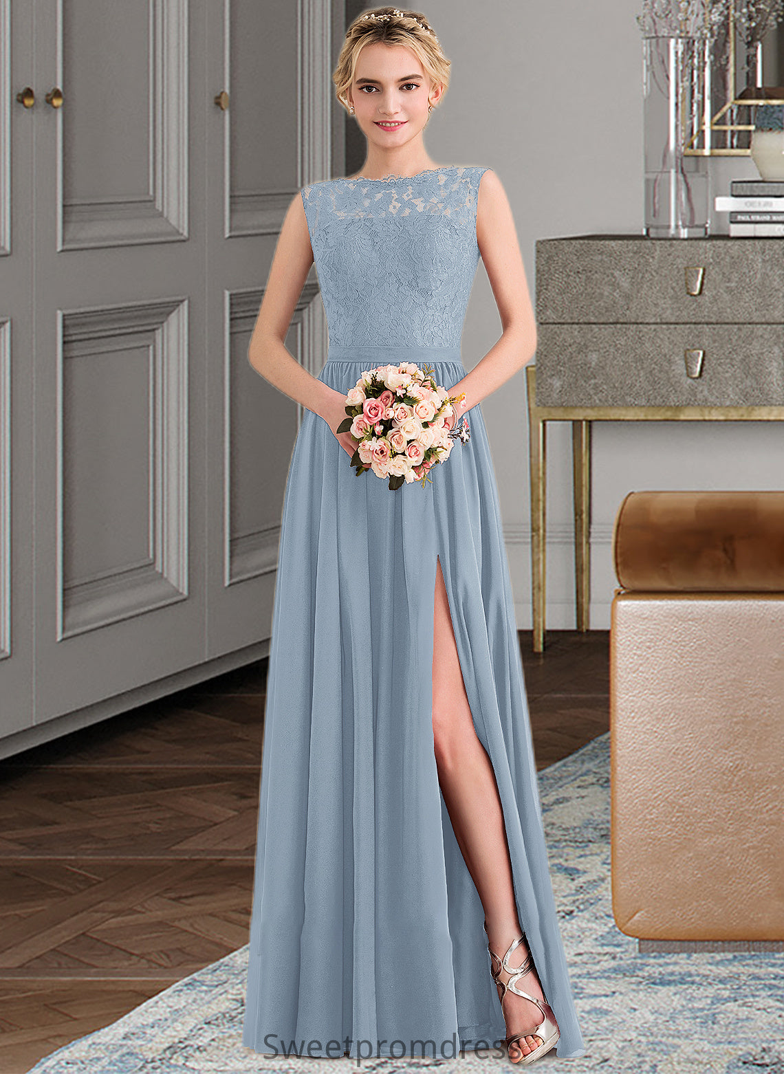 Anabella A-Line Scoop Neck Floor-Length Chiffon Lace Bridesmaid Dress With Split Front DHP0013114