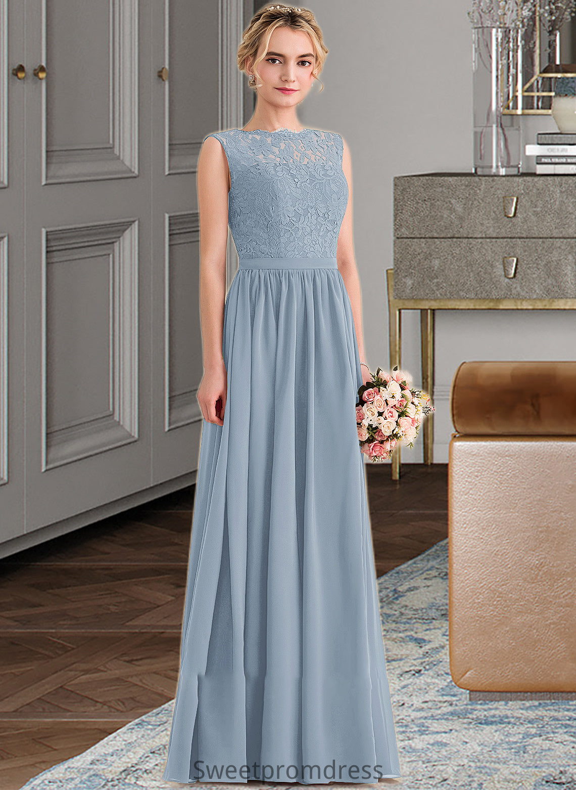 Anabella A-Line Scoop Neck Floor-Length Chiffon Lace Bridesmaid Dress With Split Front DHP0013114