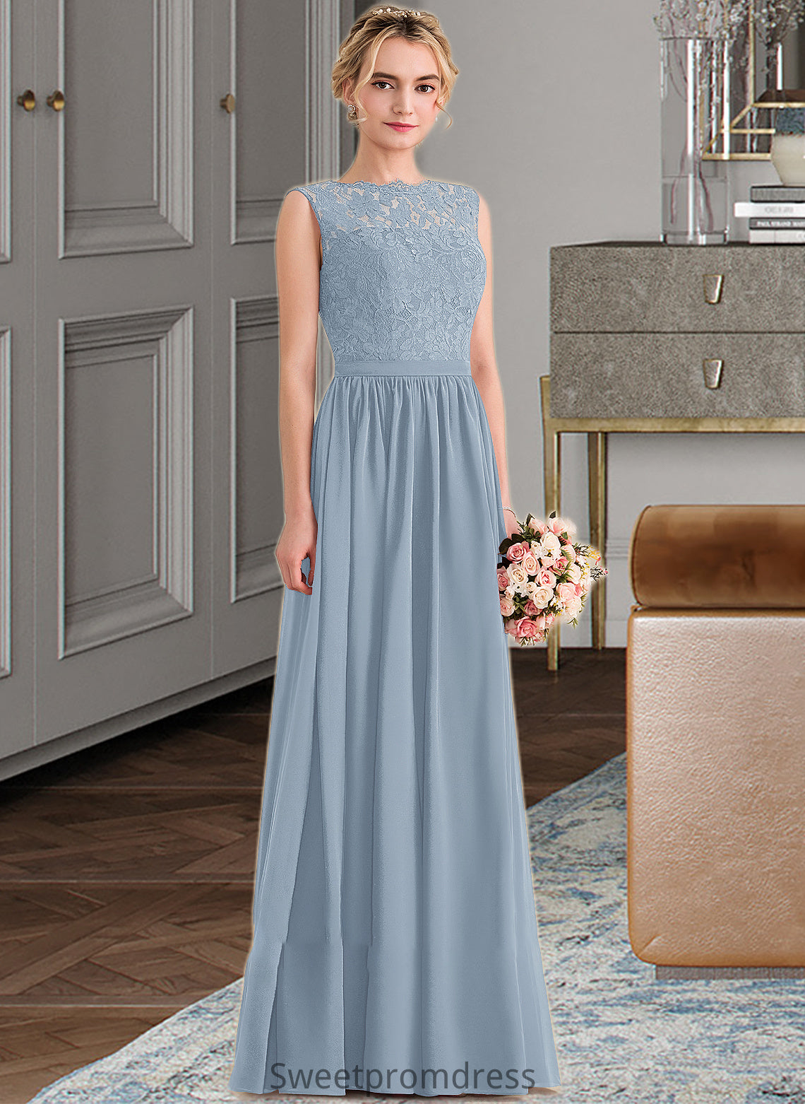 Anabella A-Line Scoop Neck Floor-Length Chiffon Lace Bridesmaid Dress With Split Front DHP0013114