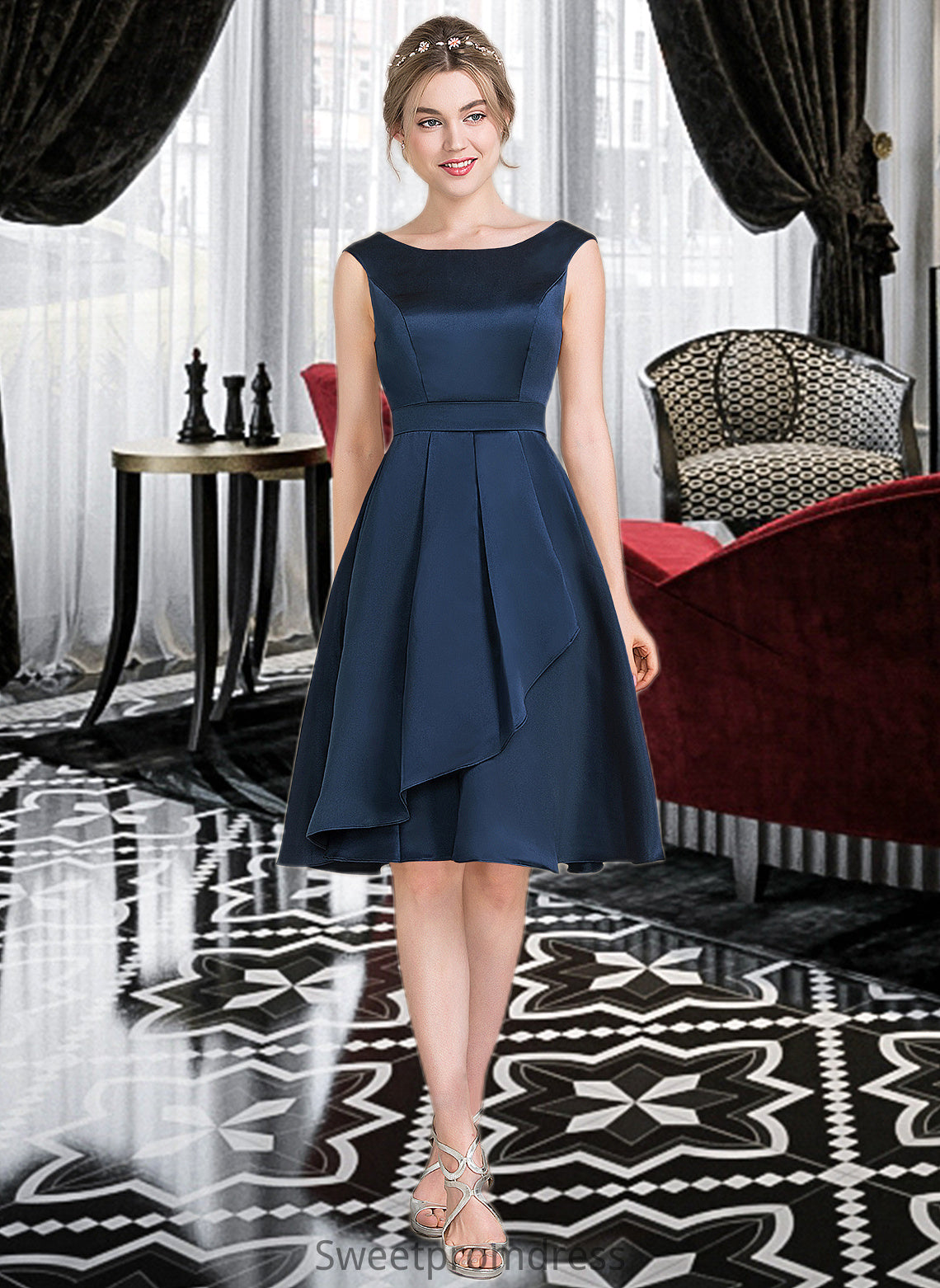 Cora A-Line Scoop Neck Knee-Length Satin Bridesmaid Dress With Cascading Ruffles DHP0013115