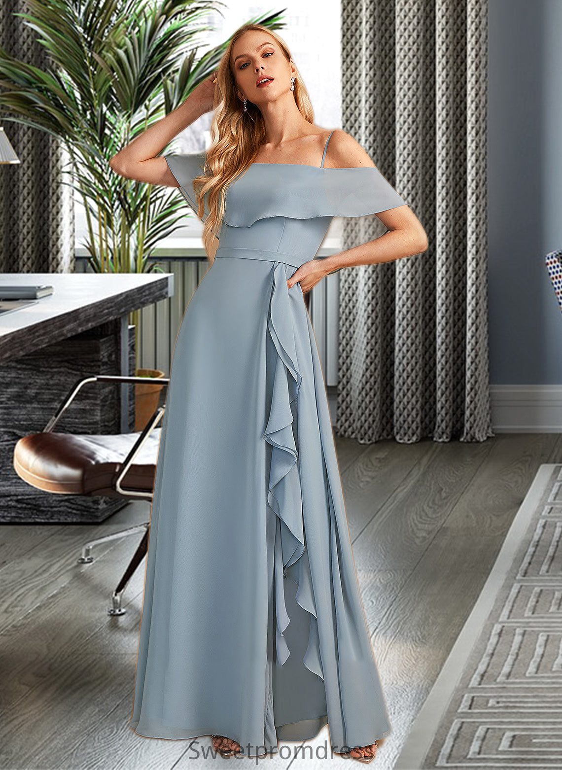 Cheyanne A-Line Off-the-Shoulder Floor-Length Bridesmaid Dress With Ruffle Split Front DHP0013116