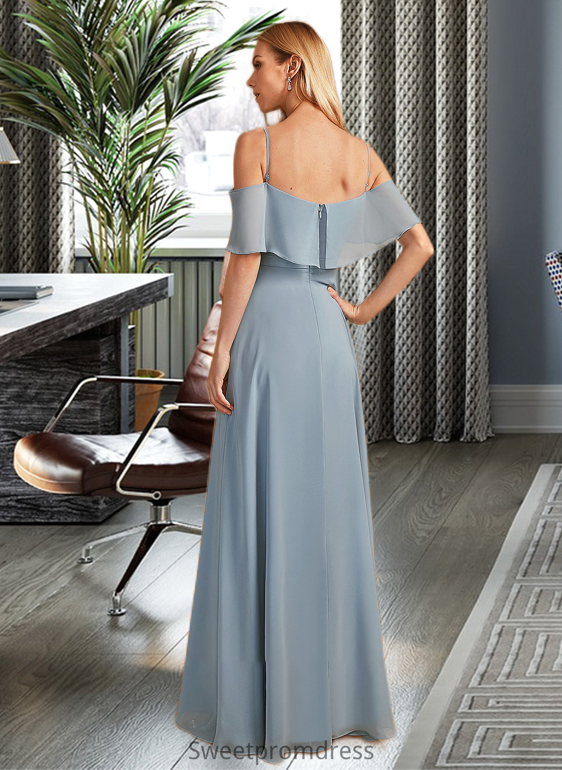 Cheyanne A-Line Off-the-Shoulder Floor-Length Bridesmaid Dress With Ruffle Split Front DHP0013116