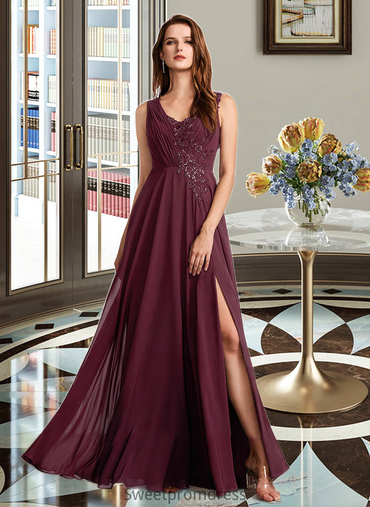 Kiera A-Line V-neck Floor-Length Bridesmaid Dress With Lace DHP0013117