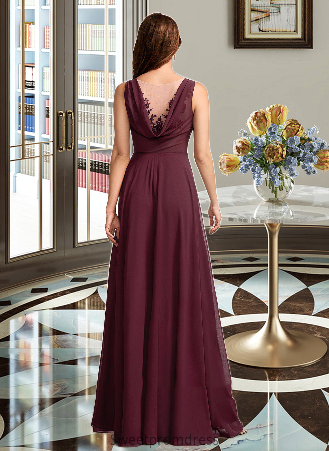 Kiera A-Line V-neck Floor-Length Bridesmaid Dress With Lace DHP0013117