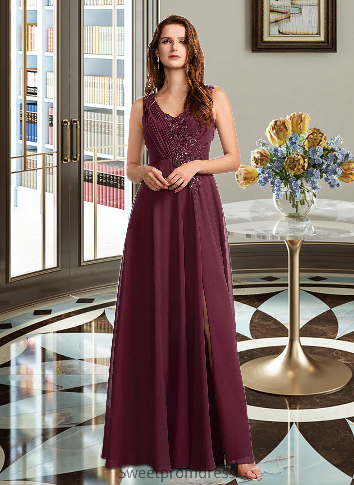 Kiera A-Line V-neck Floor-Length Bridesmaid Dress With Lace DHP0013117