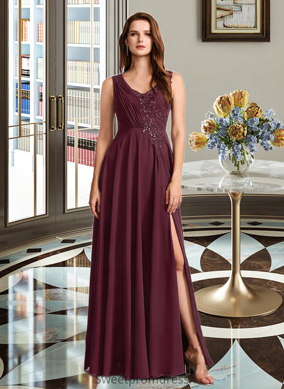 Kiera A-Line V-neck Floor-Length Bridesmaid Dress With Lace DHP0013117