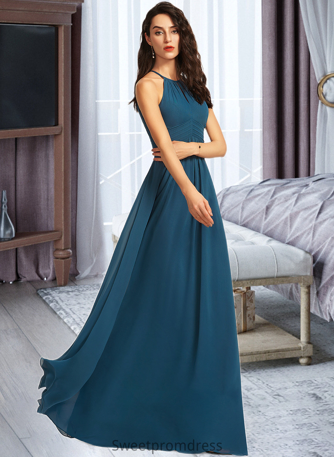 Jasmin A-Line Scoop Neck Floor-Length Bridesmaid Dress With Ruffle DHP0013120