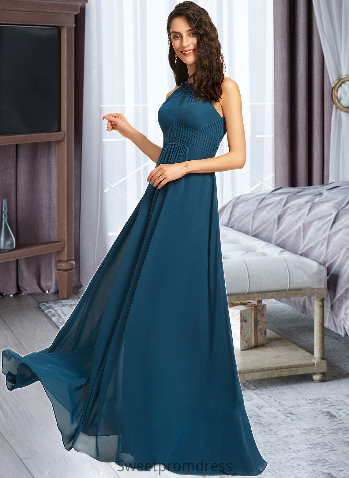 Jasmin A-Line Scoop Neck Floor-Length Bridesmaid Dress With Ruffle DHP0013120