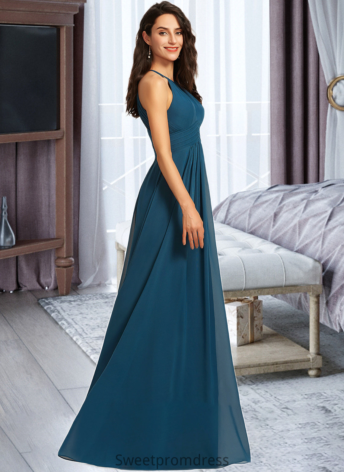 Jasmin A-Line Scoop Neck Floor-Length Bridesmaid Dress With Ruffle DHP0013120