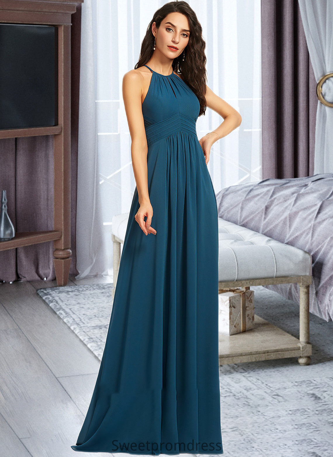 Jasmin A-Line Scoop Neck Floor-Length Bridesmaid Dress With Ruffle DHP0013120