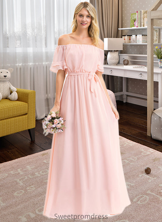 Gloria A-Line Off-the-Shoulder Floor-Length Chiffon Bridesmaid Dress With Bow(s) Cascading Ruffles DHP0013121