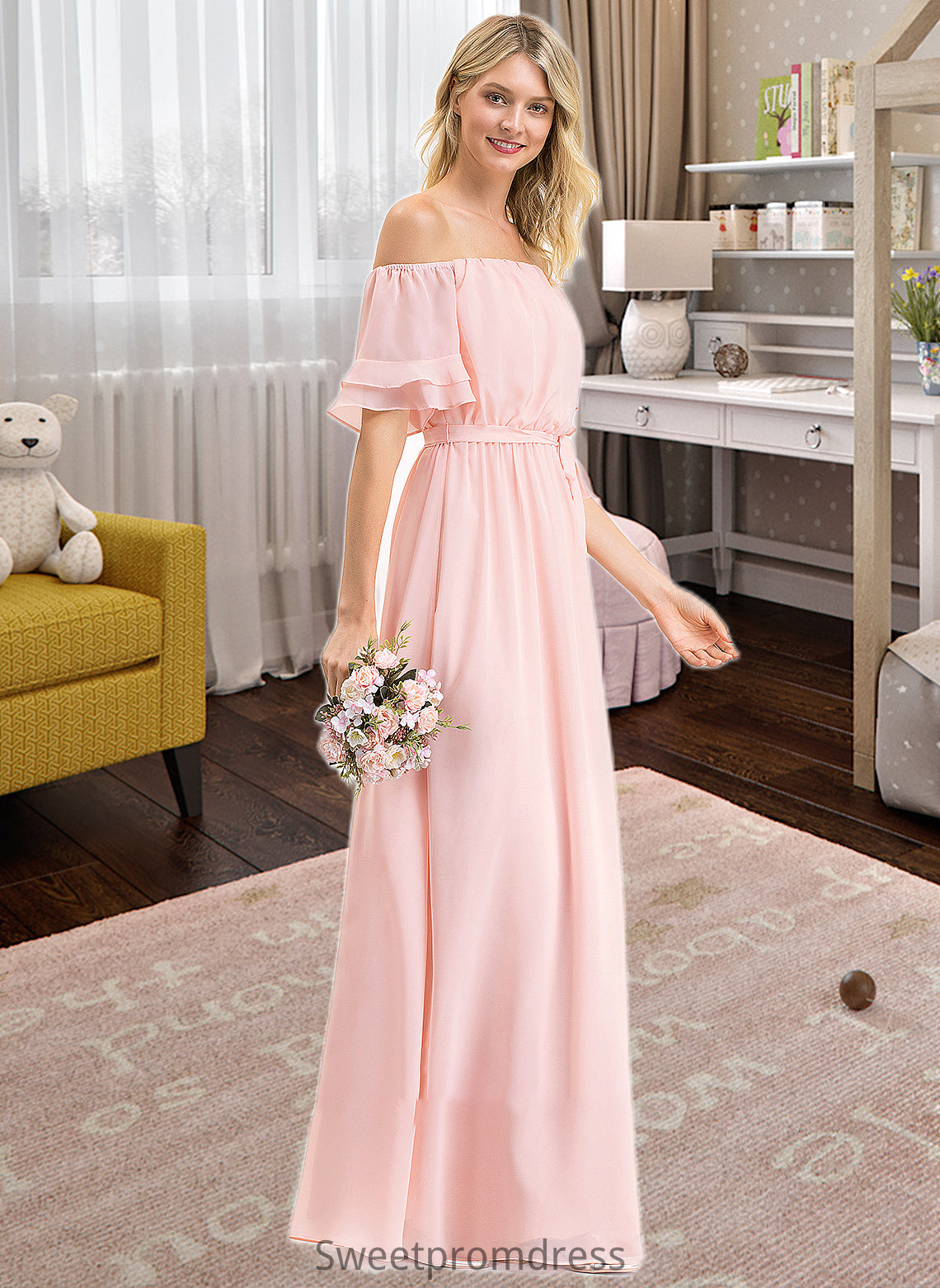 Gloria A-Line Off-the-Shoulder Floor-Length Chiffon Bridesmaid Dress With Bow(s) Cascading Ruffles DHP0013121